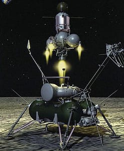 Artist rendering of the Luna 24 return capsule blasting off from the lunar surface.