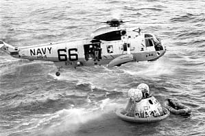 The Apollo 11 crew's re-entry capsule splashing down in the Pacific Ocean on July 24, 1969 (photo courtesy Milt Putnam)