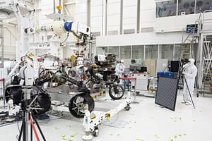 Engineers test imaging cameras mounted on the mast and front chassis of the Mars 2020 rover during Summer 2019 at NASA's Jet Propulsion Laboratory (JPL) in Pasadena, California.  Credit: NASA/JPL-Caltech   