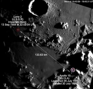 Luna 2's impact site shown near the Apollo 15 landing site.