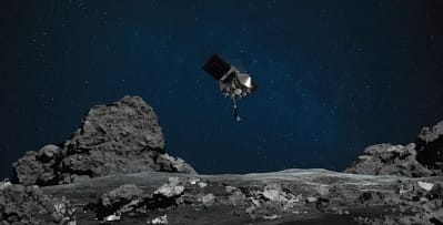 Artist rendering of the OSIRIS-REx spacecraft approaching asteroid Bennu.